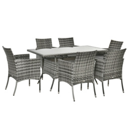 Outsunny 6-Seater Rattan Dining Set Garden Furniture Patio Rectangular Table Cube Chairs Outdoor Fire Retardant Sponge Grey - thumbnail 1