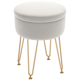 HOMCOM 5L Velvet Storage Ottoman, Modern Round Footstool with Metal Hairpin Legs and Removable Lid for Hallway, Bedroom, Living Room, Cream White