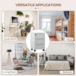 HOMCOM Mobile 3-Drawer Locking File Cabinet, Rolling Chest of Drawers, Side Table for Office, Bedroom and Living Room, White - Aosom UK - thumbnail 6