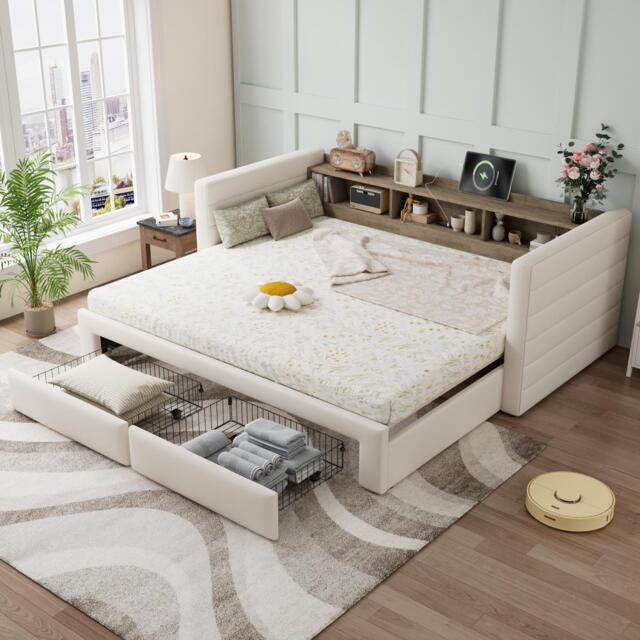 Practical Upholstered Daybed with Pull-Out Trundle, Ideal Bed Frame for Studios or Guest Spaces, 200L x 140W x 100H cm, Beige - Aosom UK - image 1