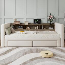 Practical Upholstered Daybed with Pull-Out Trundle, Ideal Bed Frame for Studios or Guest Spaces, 200L x 140W x 100H cm, Beige - Aosom UK - thumbnail 6