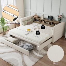 Practical Upholstered Daybed with Pull-Out Trundle, Ideal Bed Frame for Studios or Guest Spaces, 200L x 140W x 100H cm, Beige - Aosom UK - thumbnail 5