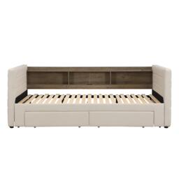 Practical Upholstered Daybed with Pull-Out Trundle, Ideal Bed Frame for Studios or Guest Spaces, 200L x 140W x 100H cm, Beige - Aosom UK - thumbnail 2