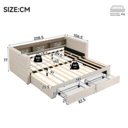 Practical Upholstered Daybed with Pull-Out Trundle, Ideal Bed Frame for Studios or Guest Spaces, 200L x 140W x 100H cm, Beige - Aosom UK - thumbnail 3