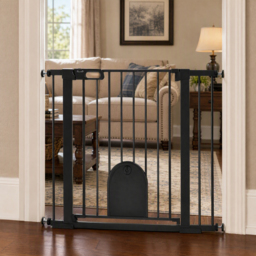 PawHut 75-103 cm Extra Wide Pet Safety Gate Barrier, Stair Pressure Fit, w/ Small Door, Auto Close, Double Locking, for Doorways, Black - Aosom UK - thumbnail 9