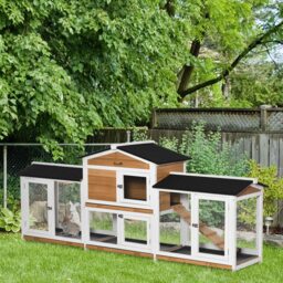 PawHut 2 Tier Wooden Rabbit Hutch, Guinea Pig Cage, Bunny Run, Small Animal House with Double Side Run Boxes, Slide-out Tray, Ramp, 230 x 53 x 93.5cm - thumbnail 2