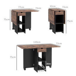 HOMCOM Folding Dining Table, Drop Leaf Table for Small Spaces, Foldable Table with Drawer and Storage Shelves for Kitchen, Dining Room, Rustic Brown - thumbnail 3