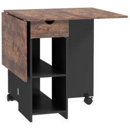 HOMCOM Folding Dining Table, Drop Leaf Table for Small Spaces, Foldable Table with Drawer and Storage Shelves for Kitchen, Dining Room, Rustic Brown