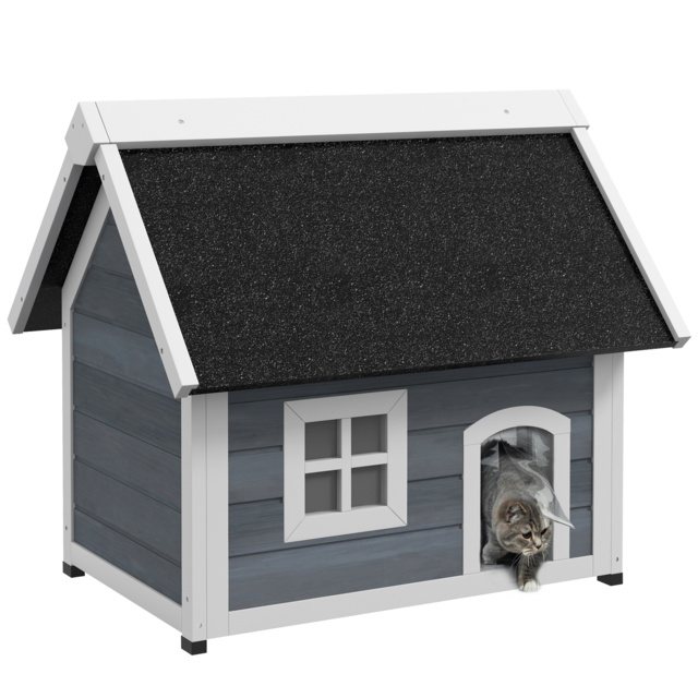 PawHut Outdoor Cat House, Wooden Feral Cat Shelter Waterproof Hide House with Openable Asphalt Roof and Three Doors, 77 x 57.5 x 68cm, Grey - Aosom UK - image 1