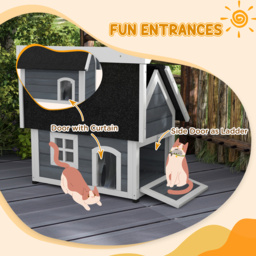 PawHut Outdoor Cat House, Wooden Feral Cat Shelter Waterproof Hide House with Openable Asphalt Roof and Three Doors, 77 x 57.5 x 68cm, Grey - Aosom UK - thumbnail 4