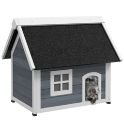 PawHut Outdoor Cat House, Wooden Feral Cat Shelter Waterproof Hide House with Openable Asphalt Roof and Three Doors, 77 x 57.5 x 68cm, Grey - Aosom UK - thumbnail 1
