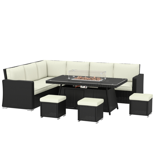 Outsunny 7 Pieces PE Rattan Garden Furniture Set, 50,000 BTU Gas Fire Pit Table, Double Corner Sofa and 3 Footstools - image 1
