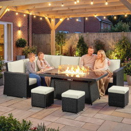 Outsunny 7 Pieces PE Rattan Garden Furniture Set, 50,000 BTU Gas Fire Pit Table, Double Corner Sofa and 3 Footstools - thumbnail 9