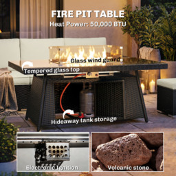 Outsunny 7 Pieces PE Rattan Garden Furniture Set, 50,000 BTU Gas Fire Pit Table, Double Corner Sofa and 3 Footstools - thumbnail 6