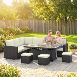 Outsunny 7 Pieces PE Rattan Garden Furniture Set, 50,000 BTU Gas Fire Pit Table, Double Corner Sofa and 3 Footstools - thumbnail 2
