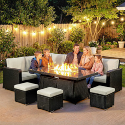 Outsunny 7 Pieces PE Rattan Garden Furniture Set, 50,000 BTU Gas Fire Pit Table, Double Corner Sofa and 3 Footstools - thumbnail 7