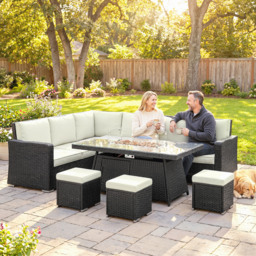 Outsunny 7 Pieces PE Rattan Garden Furniture Set, 50,000 BTU Gas Fire Pit Table, Double Corner Sofa and 3 Footstools - thumbnail 8
