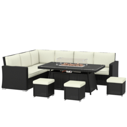 Outsunny 7 Pieces PE Rattan Garden Furniture Set, 50,000 BTU Gas Fire Pit Table, Double Corner Sofa and 3 Footstools - thumbnail 1
