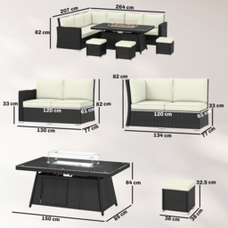 Outsunny 7 Pieces PE Rattan Garden Furniture Set, 50,000 BTU Gas Fire Pit Table, Double Corner Sofa and 3 Footstools - thumbnail 3