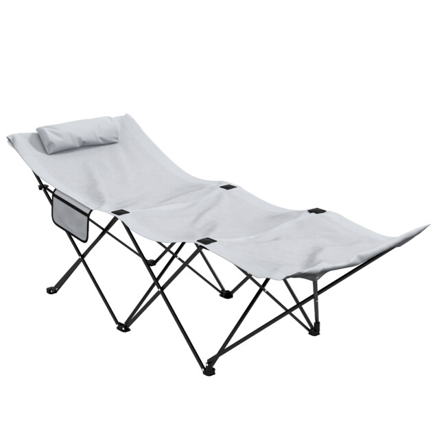Outsunny Portable Sun Lounger: Foldable Outdoor Sunbed with Side Pocket & Headrest, Light Grey Oxford Fabric - Aosom UK