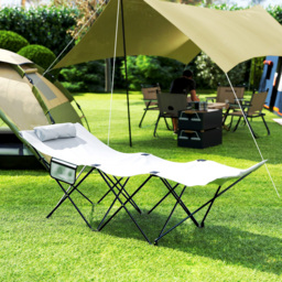 Outsunny Portable Sun Lounger: Foldable Outdoor Sunbed with Side Pocket & Headrest, Light Grey Oxford Fabric - Aosom UK - thumbnail 2
