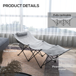 Outsunny Portable Sun Lounger: Foldable Outdoor Sunbed with Side Pocket & Headrest, Light Grey Oxford Fabric - Aosom UK - thumbnail 6