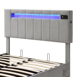 Upholstered Hydraulic Double Sofa Bed with Bluetooth Stereo, USB Ports, Storage Pockets, and LED Light Strips, 198x150x120 cm, Gray - Aosom.UK - thumbnail 8