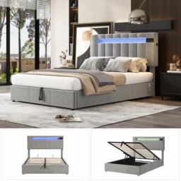 Upholstered Hydraulic Double Sofa Bed with Bluetooth Stereo, USB Ports, Storage Pockets, and LED Light Strips, 198x150x120 cm, Gray - Aosom.UK - thumbnail 5