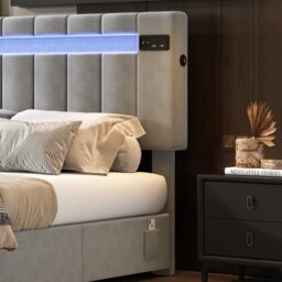 Upholstered Hydraulic Double Sofa Bed with Bluetooth Stereo, USB Ports, Storage Pockets, and LED Light Strips, 198x150x120 cm, Gray - Aosom.UK - thumbnail 7