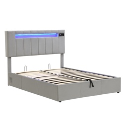 Upholstered Hydraulic Double Sofa Bed with Bluetooth Stereo, USB Ports, Storage Pockets, and LED Light Strips, 198x150x120 cm, Gray - Aosom.UK - thumbnail 2
