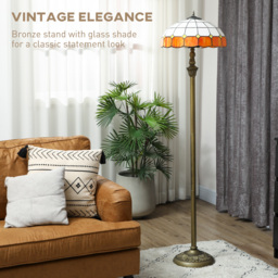 HOMCOM Tiffany-Style Floor Lamp with Handcrafted Stained Glass Shade, 152cm Tall Vintage Standing Lamp with Foot Switch and Dual Sockets for Living Room Bedroom, Bronze Tone and Orange - thumbnail 4