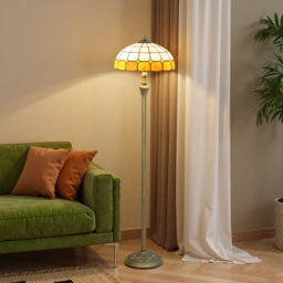 HOMCOM Tiffany-Style Floor Lamp with Handcrafted Stained Glass Shade, 152cm Tall Vintage Standing Lamp with Foot Switch and Dual Sockets for Living Room Bedroom, Bronze Tone and Orange - thumbnail 2