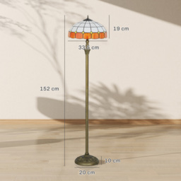 HOMCOM Tiffany-Style Floor Lamp with Handcrafted Stained Glass Shade, 152cm Tall Vintage Standing Lamp with Foot Switch and Dual Sockets for Living Room Bedroom, Bronze Tone and Orange - thumbnail 3