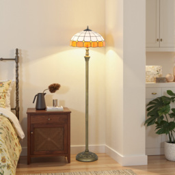 HOMCOM Tiffany-Style Floor Lamp with Handcrafted Stained Glass Shade, 152cm Tall Vintage Standing Lamp with Foot Switch and Dual Sockets for Living Room Bedroom, Bronze Tone and Orange - thumbnail 8