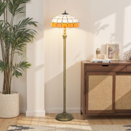 HOMCOM Tiffany-Style Floor Lamp with Handcrafted Stained Glass Shade, 152cm Tall Vintage Standing Lamp with Foot Switch and Dual Sockets for Living Room Bedroom, Bronze Tone and Orange - thumbnail 7