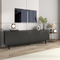 Modern Lowboard TV Cabinet with Push-to-Open Doors and Adjustable Shelves, Durable TV Stand for Living Room, 175L x 38W x 56H cm, Black - Aosom UK - thumbnail 4