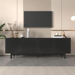 Modern Lowboard TV Cabinet with Push-to-Open Doors and Adjustable Shelves, Durable TV Stand for Living Room, 175L x 38W x 56H cm, Black - Aosom UK