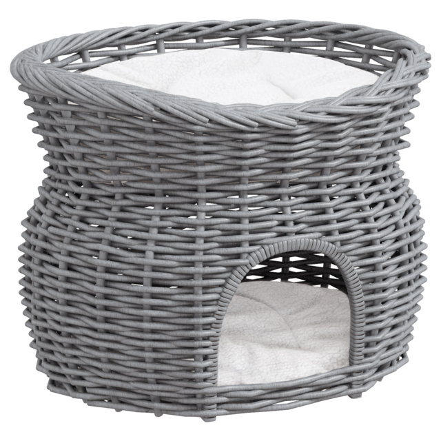 PawHut Wicker Cat House, 2-Tier Elevated Pet Bed Basket, Willow Kitten Tower with Washable Cushions, 56x37x40cm, Grey - Aosom UK - image 1