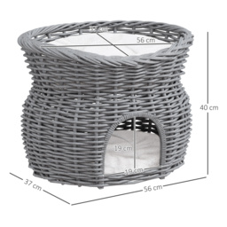 PawHut Wicker Cat House, 2-Tier Elevated Pet Bed Basket, Willow Kitten Tower with Washable Cushions, 56x37x40cm, Grey - Aosom UK - thumbnail 3