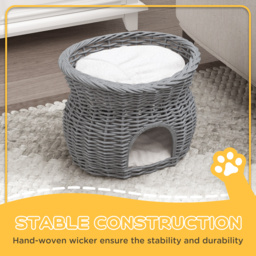 PawHut Wicker Cat House, 2-Tier Elevated Pet Bed Basket, Willow Kitten Tower with Washable Cushions, 56x37x40cm, Grey - Aosom UK - thumbnail 4