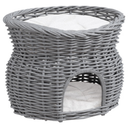 PawHut Wicker Cat House, 2-Tier Elevated Pet Bed Basket, Willow Kitten Tower with Washable Cushions, 56x37x40cm, Grey - Aosom UK - thumbnail 1