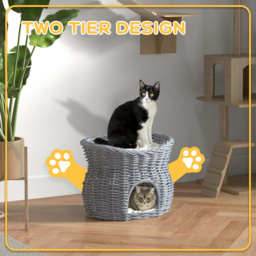 PawHut Wicker Cat House, 2-Tier Elevated Pet Bed Basket, Willow Kitten Tower with Washable Cushions, 56x37x40cm, Grey - Aosom UK - thumbnail 5