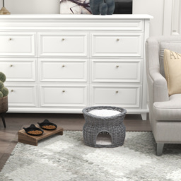 PawHut Wicker Cat House, 2-Tier Elevated Pet Bed Basket, Willow Kitten Tower with Washable Cushions, 56x37x40cm, Grey - Aosom UK - thumbnail 9