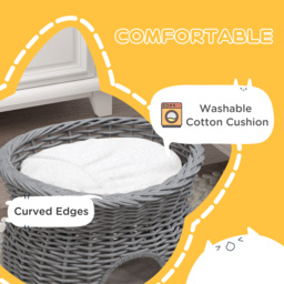 PawHut Wicker Cat House, 2-Tier Elevated Pet Bed Basket, Willow Kitten Tower with Washable Cushions, 56x37x40cm, Grey - Aosom UK - thumbnail 6