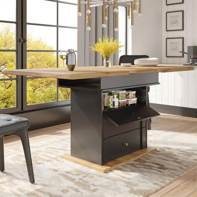 Telescopic Foldable Kitchen Table for 4-6 People with Soft-Close System, Dining Table for Kitchen, 110L x 80W x 75H cm, Black+Natural - Aosom UK - image 1
