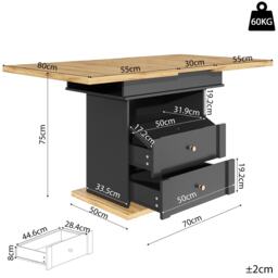 Telescopic Foldable Kitchen Table for 4-6 People with Soft-Close System, Dining Table for Kitchen, 110L x 80W x 75H cm, Black+Natural - Aosom UK - thumbnail 3
