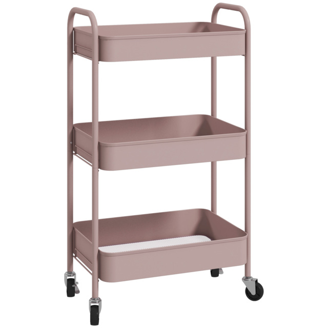 HOMCOM Three-Tier Steel Storage Trolley - Pink - Aosom UK - image 1