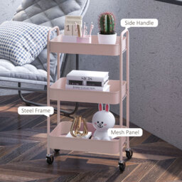 HOMCOM Three-Tier Steel Storage Trolley - Pink - Aosom UK - thumbnail 6