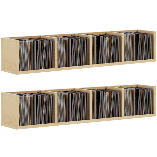 HOMCOM Wall Mount 84 CD / 56 DVD/Blu-ray/ Media Storage Rack 4 Cubes, Wooden Shelf Organiser Unit Bookcase Display, Set of 2, Natural Wood Finish - image 1