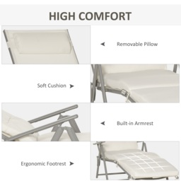 Outsunny Garden Sun Lounger: Foldable Reclining Chair with Pillow, Texteline Fabric, Adjustable Backrest, Cream White - Aosom UK - thumbnail 5